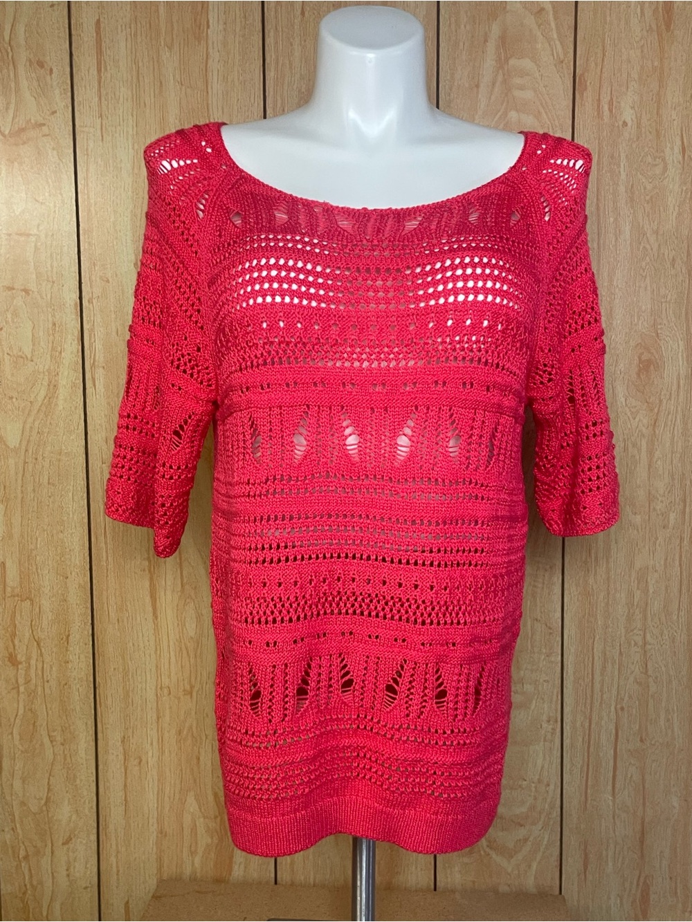 Cato Crocheted Open-Knit Bright Coral Sweater SZ - 18/20